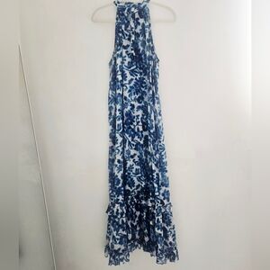 One Season Australia Royal Blue And White Floral Printed Ruffle Hem Long Dress
